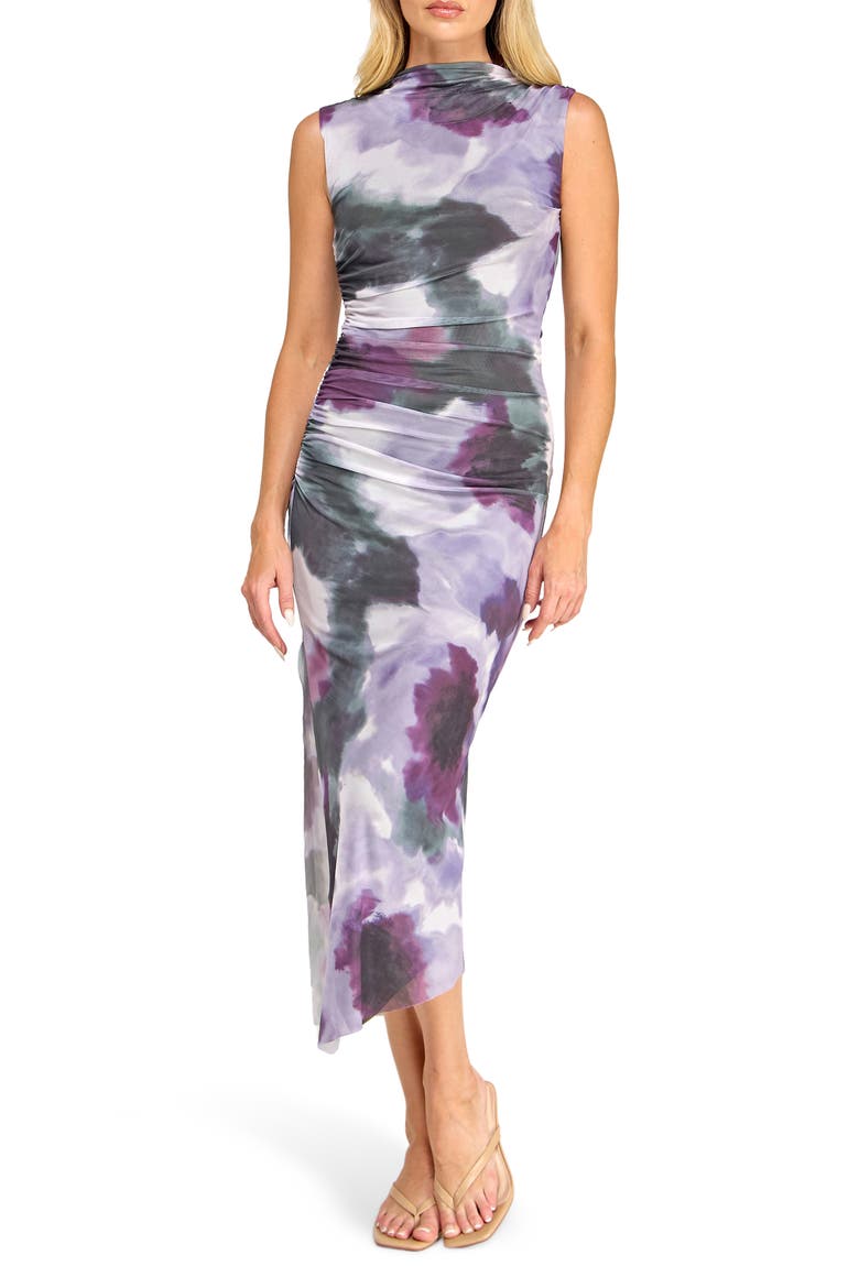 Floral Shirred Mesh Dress, Main, color, PURPLE/ HUNTER