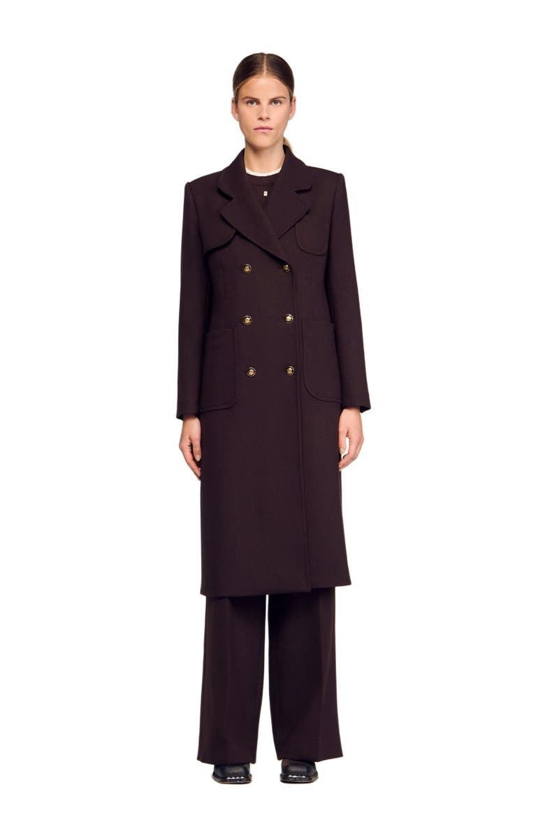 SANDRO Structured long double-breasted coat, Alternate, color, Brown