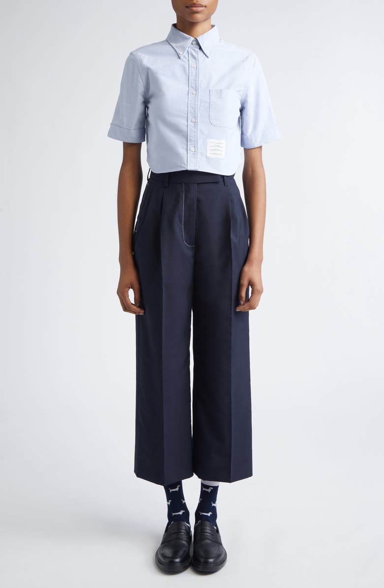 Thom Browne School Uniform Pleated High Waist Crop Pants, Alternate, color, Navy
