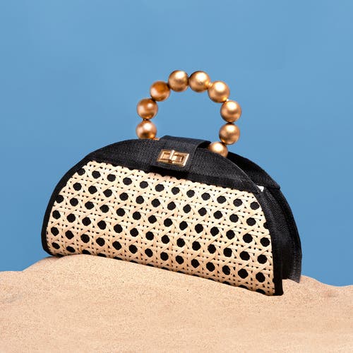 Soli & Sun The Isabella Tan Rattan Solihiya Weave And Gold Bead Top Handle Statement Bag In Black
