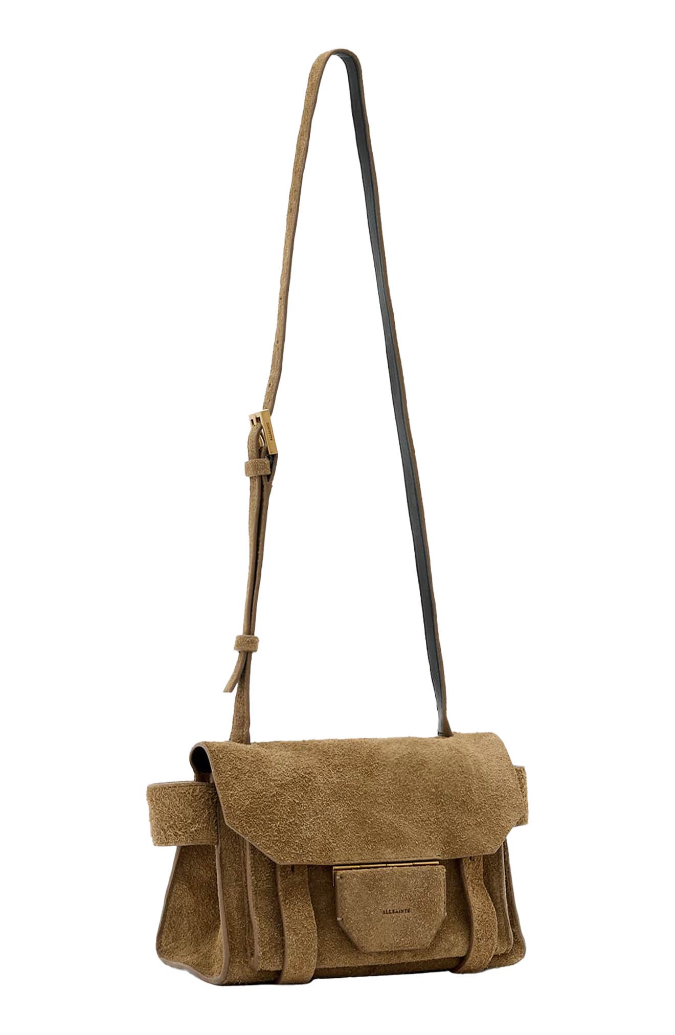 AllSaints Mini Ursa Suede Crossbody Bag, Alternate, color, Biscuit Brown