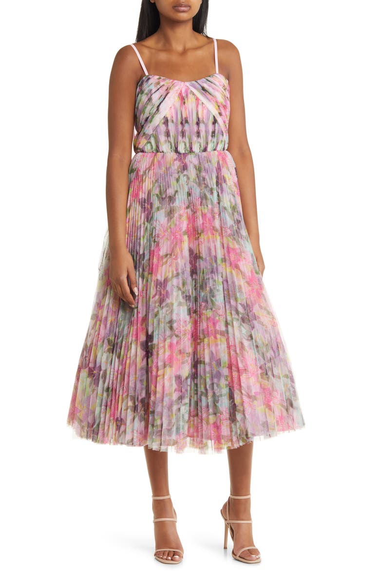 Vita Floral Pleated Tulle A-Line Gown, Main, color, PINK LAUGHING LILLIES TULLE