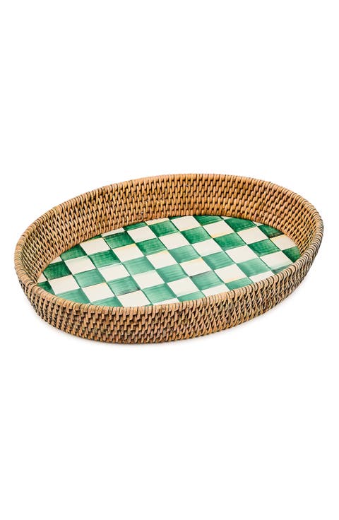 Emerald Check Enamel & Rattan Tray