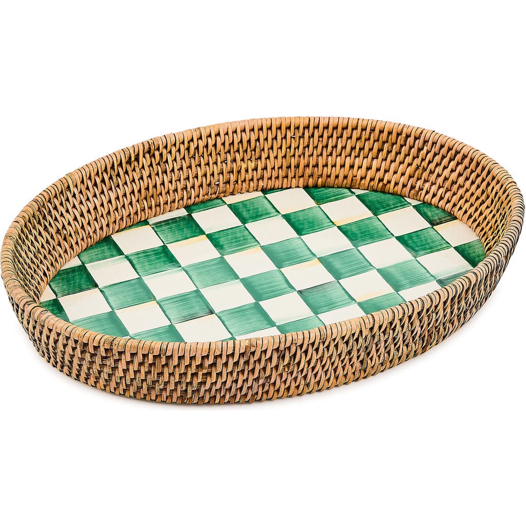 Mackenzie-childs Mackenzie Childs Emerald Check Enamel & Rattan Tray In Green