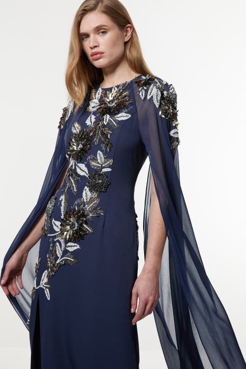 Karen Millen Floral 3d Cape Sleeve Maxi Dress In Blue