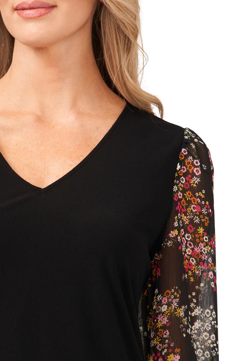 CeCe Floral Sleeve Mixed Media Top, Alternate, color, 