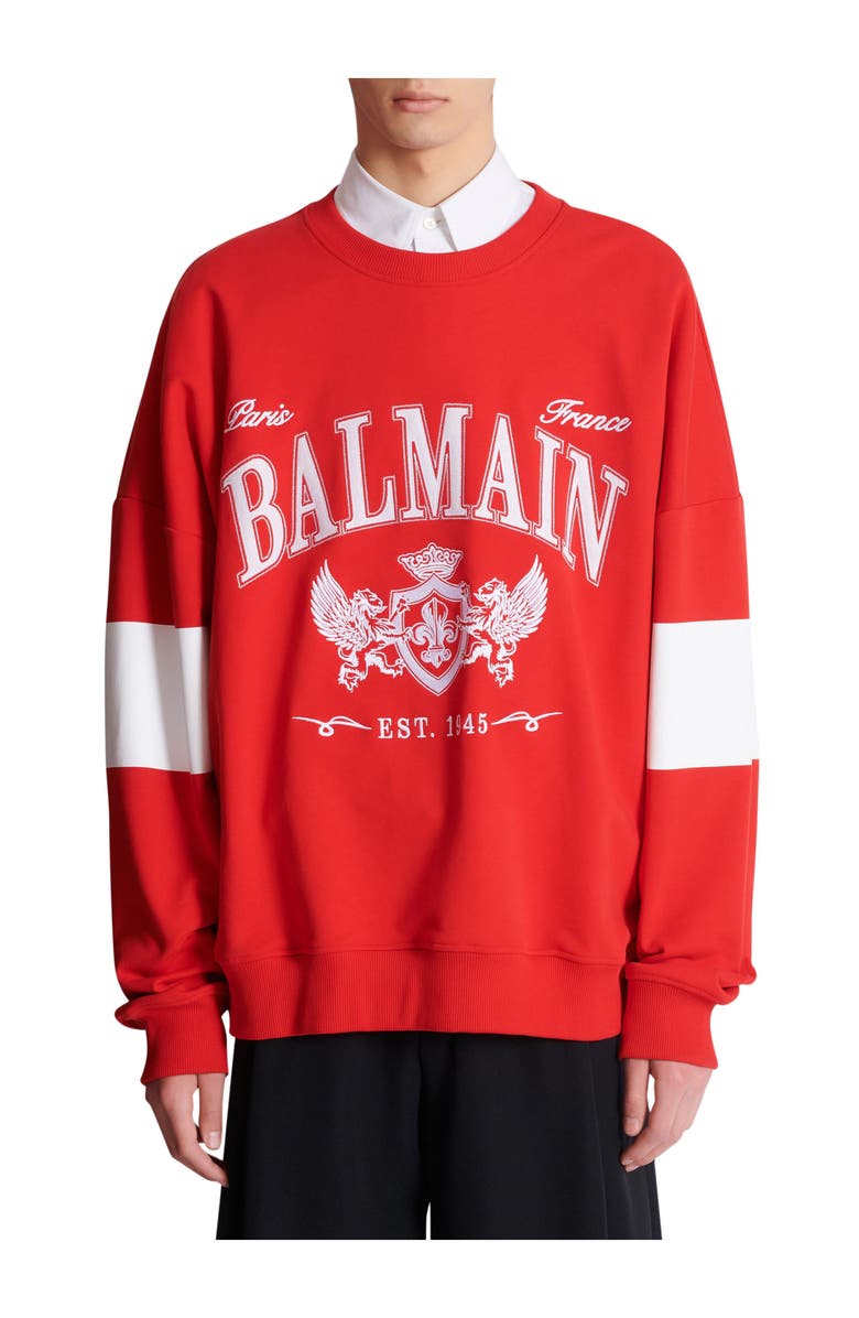 Balmain Boxy Balmain College sweatshirt, Alternate, color, Red