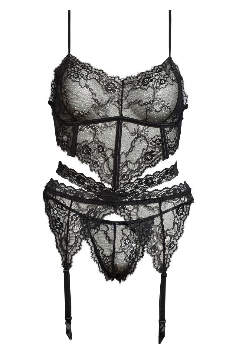 Lace Bra, Garter Belt & G-String Thong Set, Main, color, BLACK