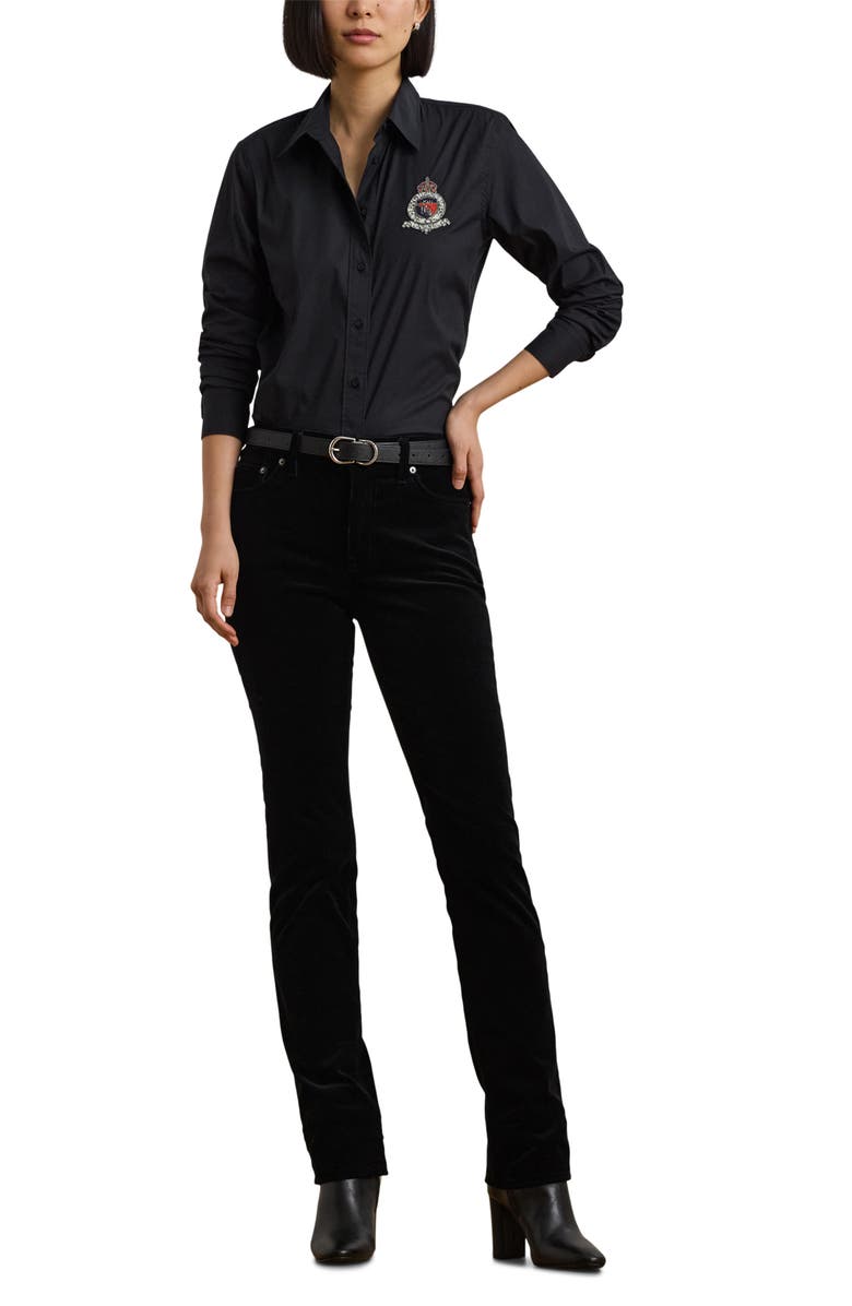 Lauren Ralph Lauren Beaded Logo Button-Up Shirt, Alternate, color, Black