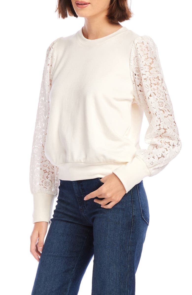 Karen Kane Contrast Lace Sleeve Sweatshirt, Alternate, color, 