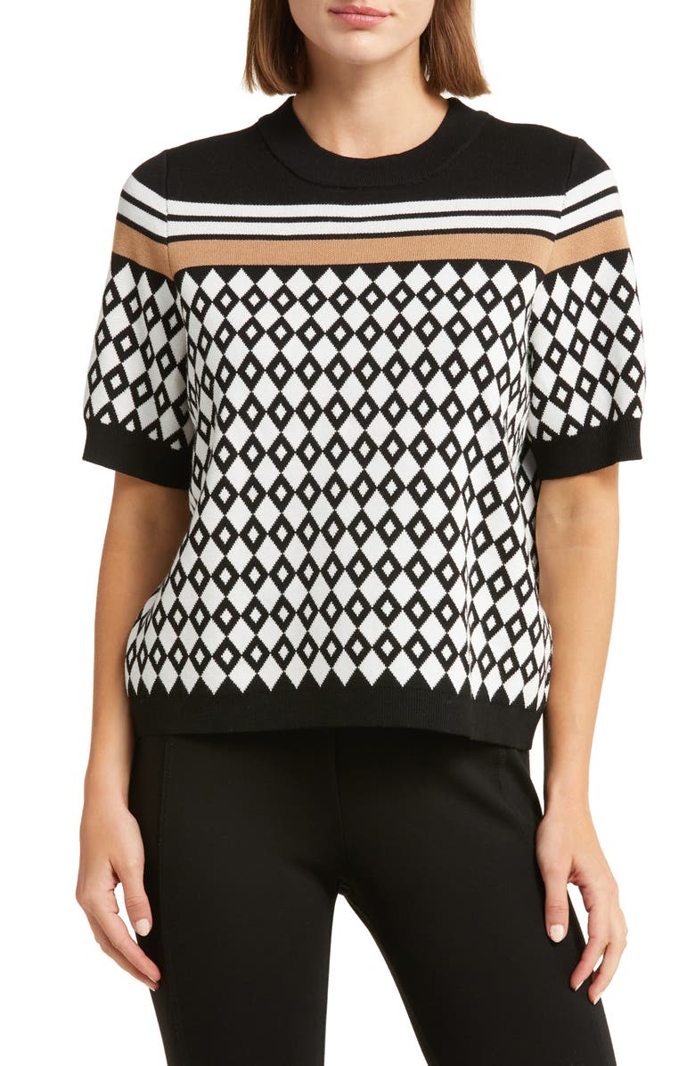 Adrianna Papell Geometric Jacquard Short Sleeve Sweater, Main, color, 