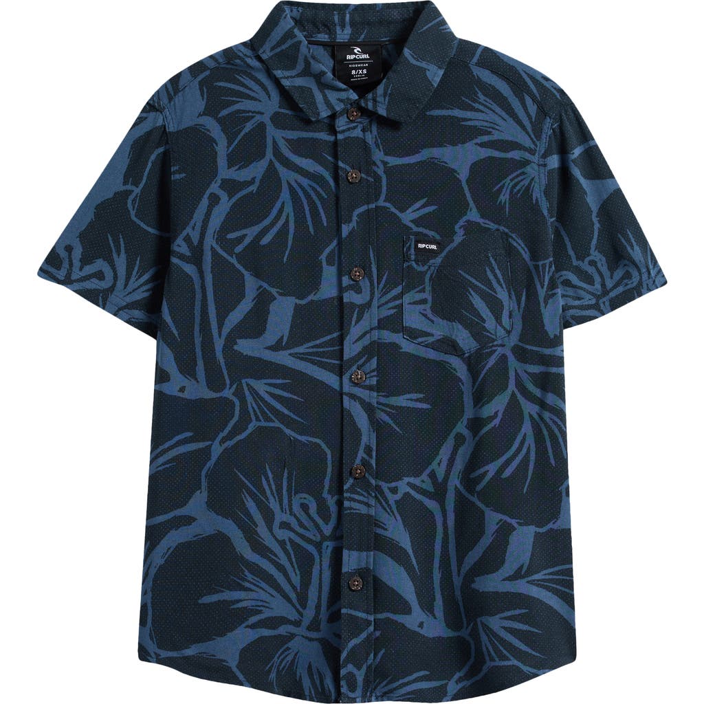 Rip Curl Kids' Print Short Sleeve Button-up Shirt In Blue