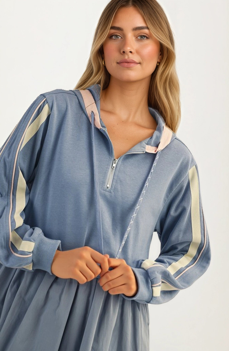 Knit and Lounge Sporty Hoodie Half Zip Contrast Stripe Mini Dress, Alternate, color, Blue