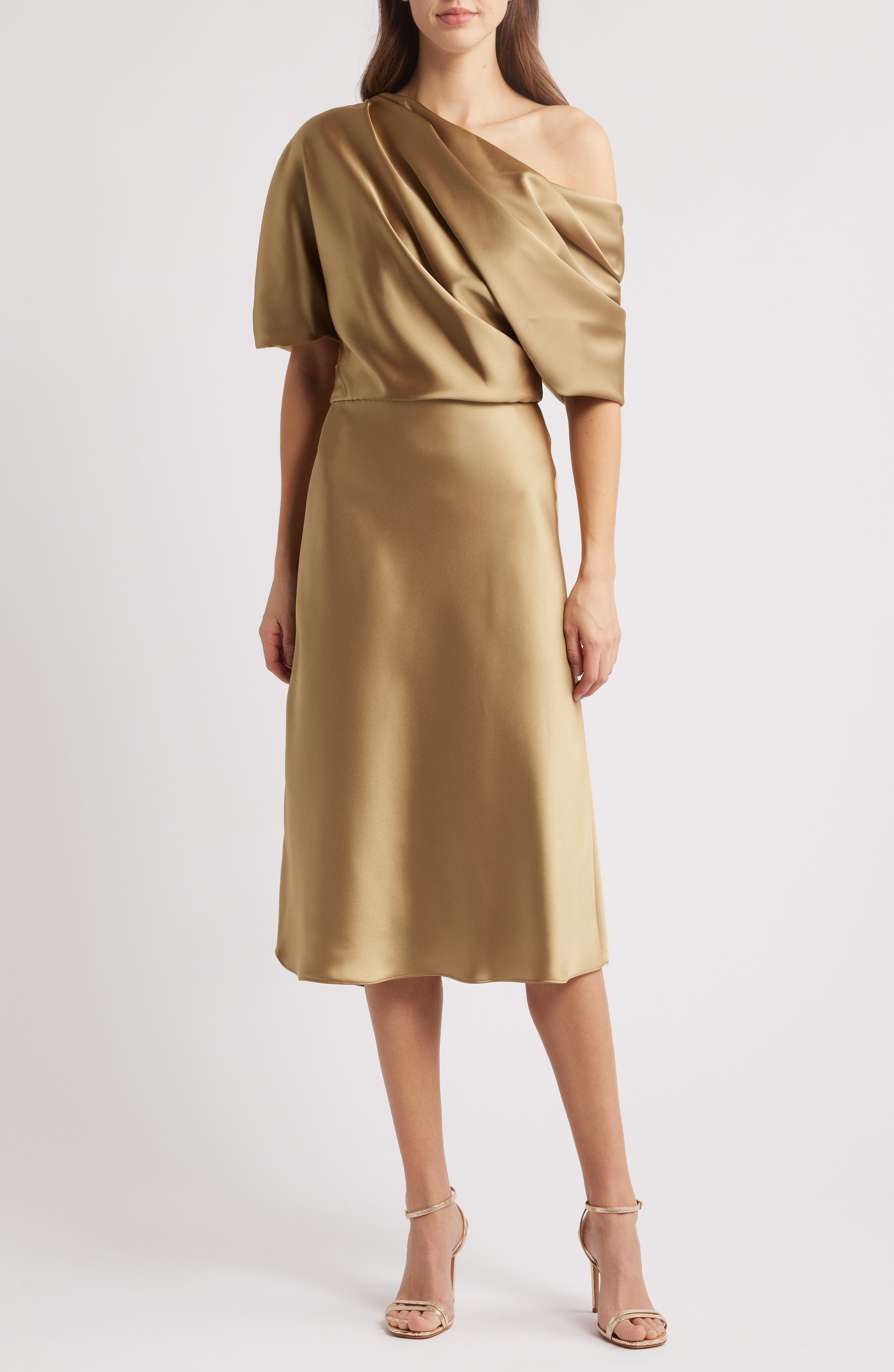 Amsale One-Shoulder Fluid Satin Cocktail Midi Dress