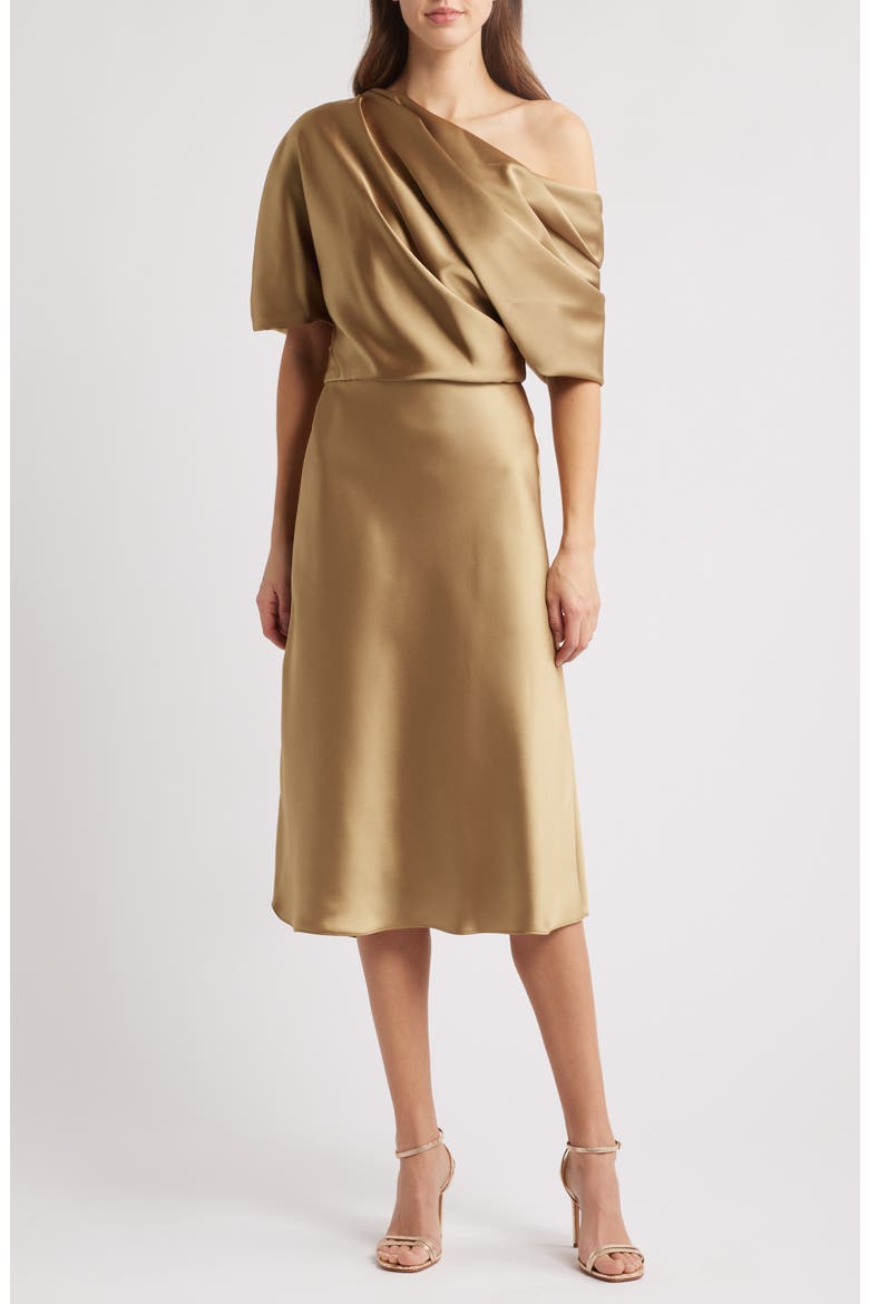 One-Shoulder Fluid Satin Cocktail Midi Dress, Main, color, GOLD