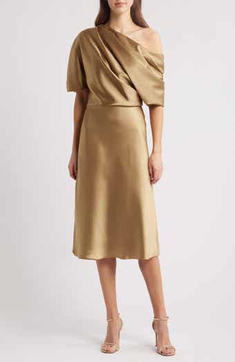 Amsale One-Shoulder Fluid Satin Cocktail Midi Dress