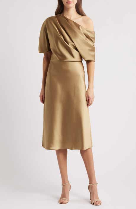 Amsale One-Shoulder Fluid Satin Cocktail Midi Dress
