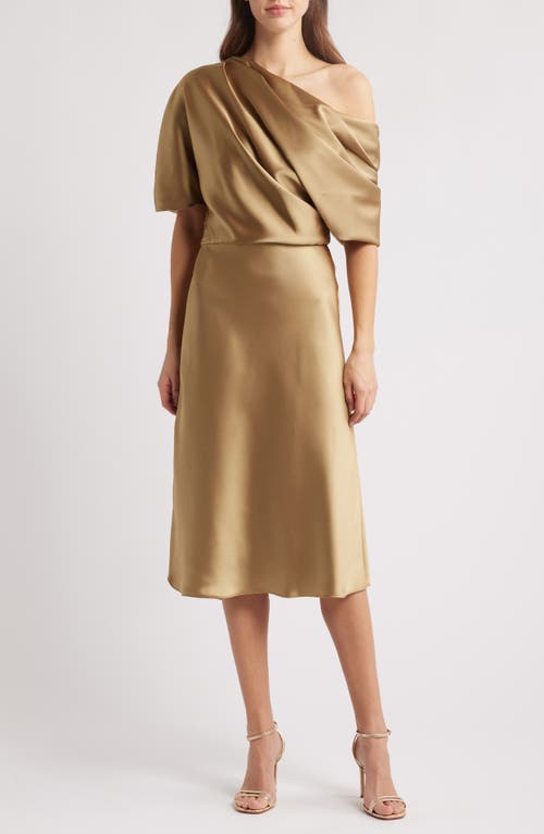 Amsale One-Shoulder Fluid Satin Cocktail Midi Dress in Gold  product