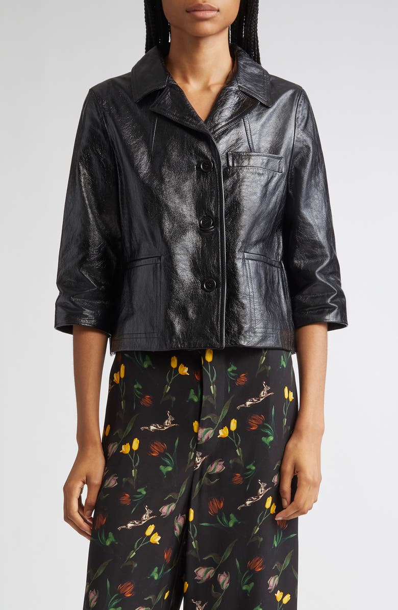 Marni Boxy Fit Elbow Sleeve Leather Jacket, Main, color, 00N99 Black