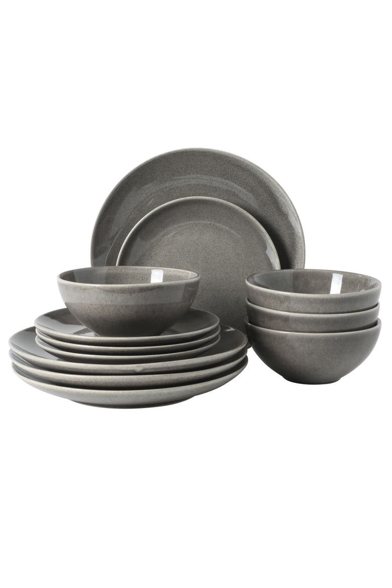 Castle Peak 12-Piece Reactive Glaze Stoneware Dinnerware Set, Main, color, Grey