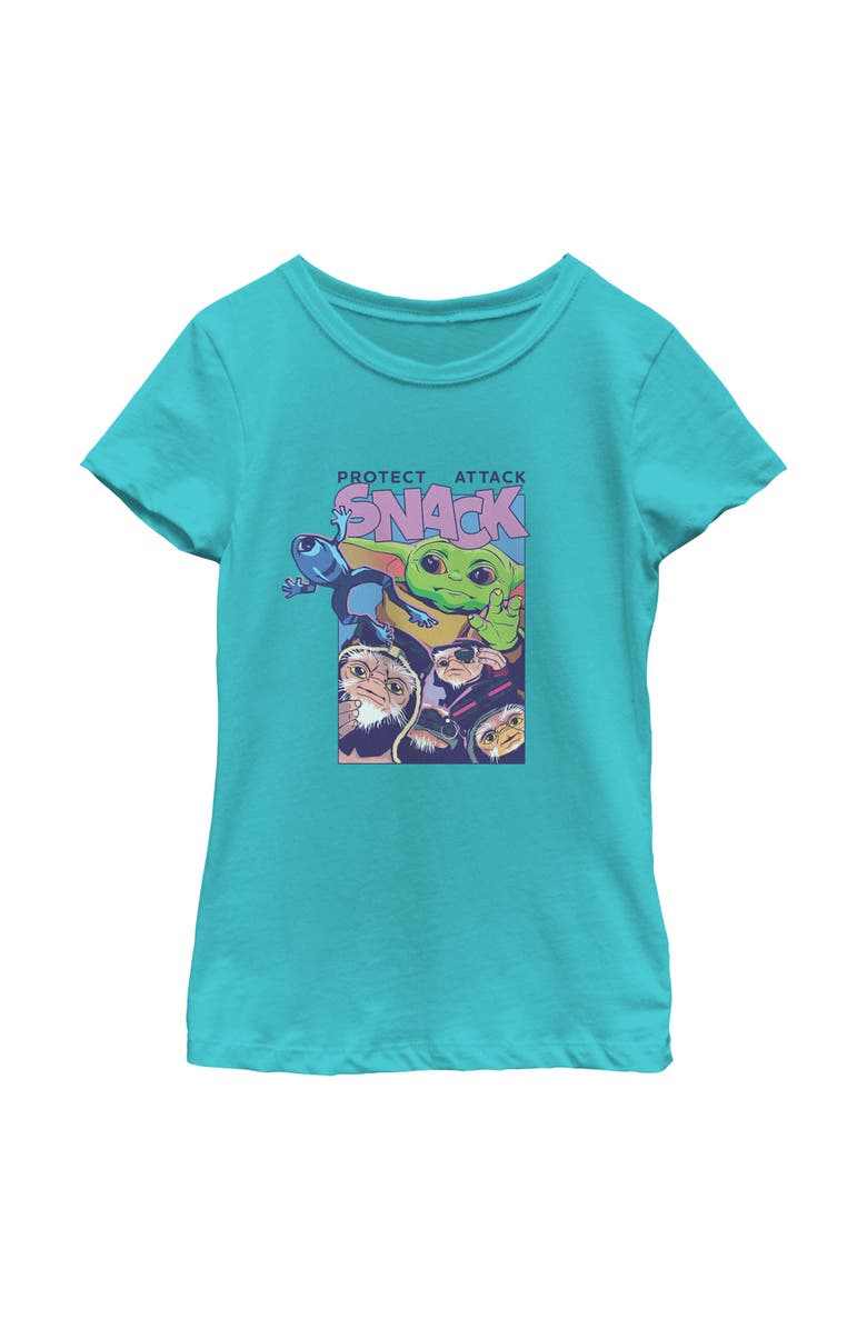 Star Wars: The Mandalorian and Grogu Girl's Star Wars The Mandalorian and Grogu Protect Attack Snack Collage  Graphic T-Shirt, Main, color, Tahiti Blue