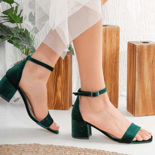 Forever & Always Shoes Women's Iva - Green Velvet Low Heel Sandals In Emerald Green Velvet
