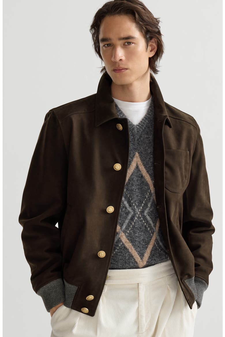 Nubuck Shirt-style Bomber Jacket With Cashmere Inserts And Metal Buttons, Alternate, color, Rust Brown