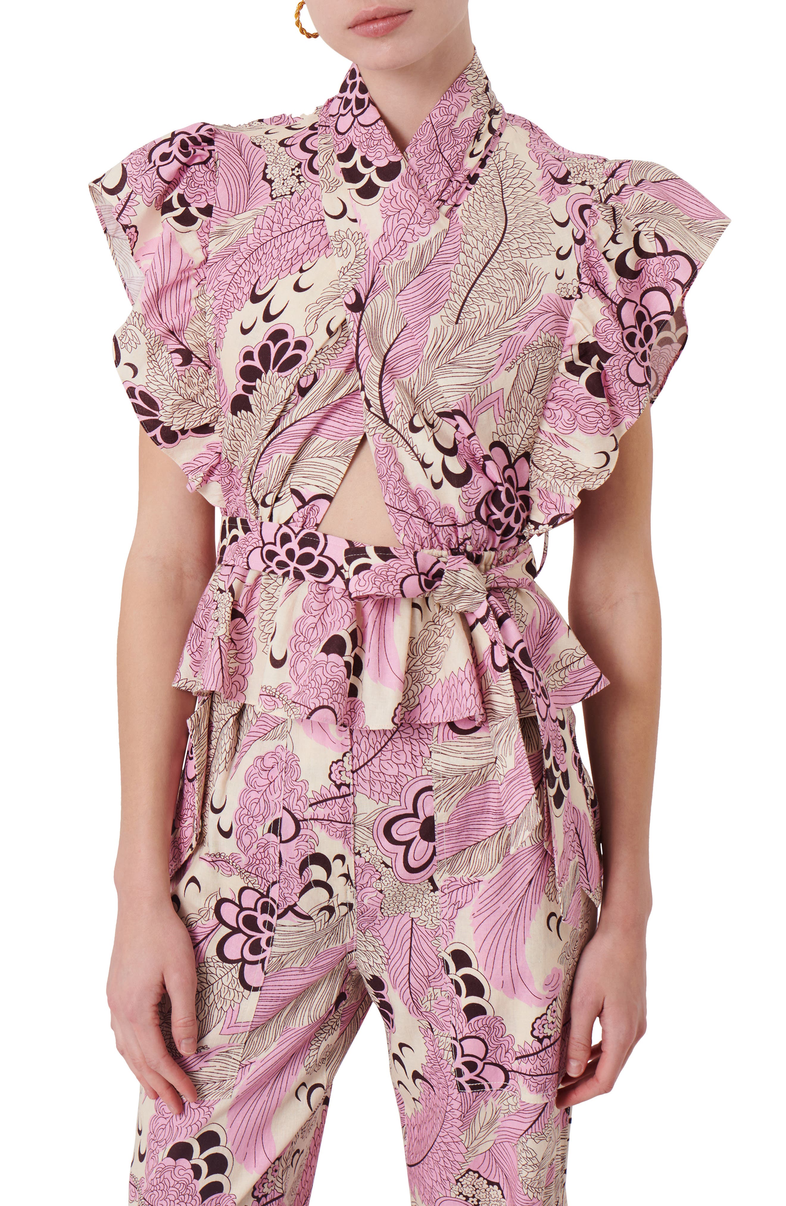 Derek Lam 10 Crosby Brynn Floral Ruffle Cutout Linen Blend Top (Women ...