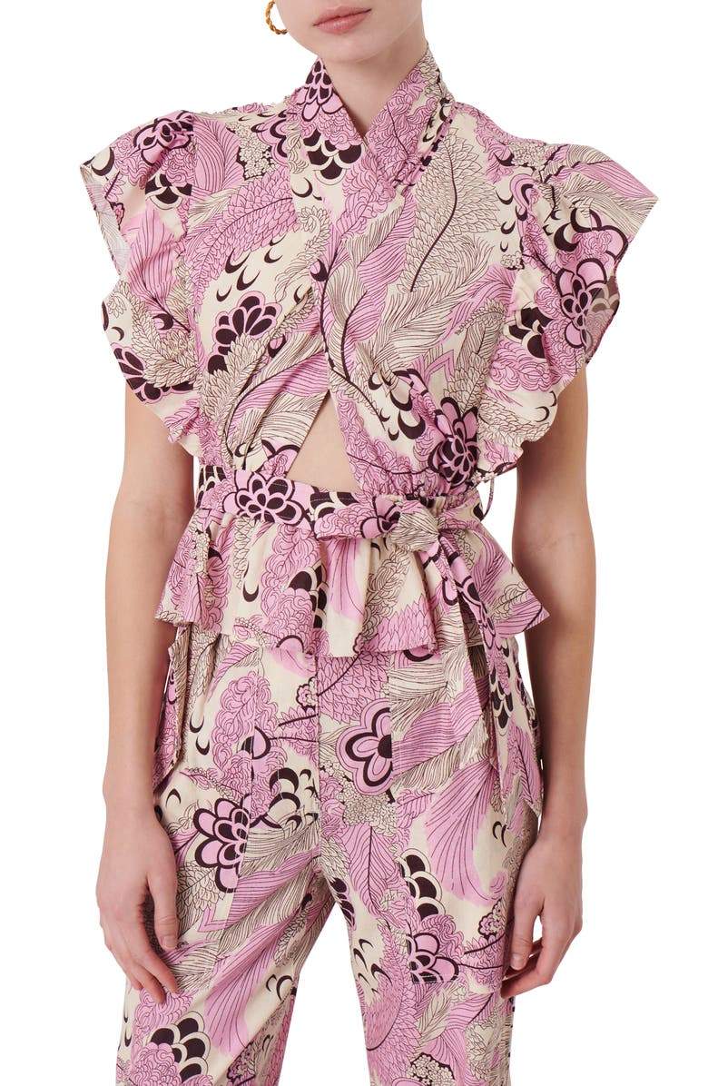 Derek Lam 10 Crosby Brynn Floral Ruffle Cutout Linen Blend Top, Main, color,