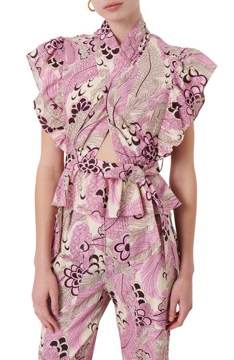 Brynn Floral Ruffle Cutout Linen Blend Top
