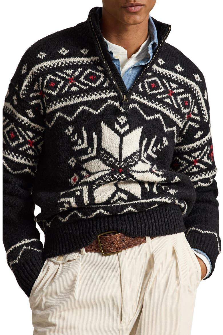 Snowflake Wool Quarter Zip Sweater, Main, color, BLACK