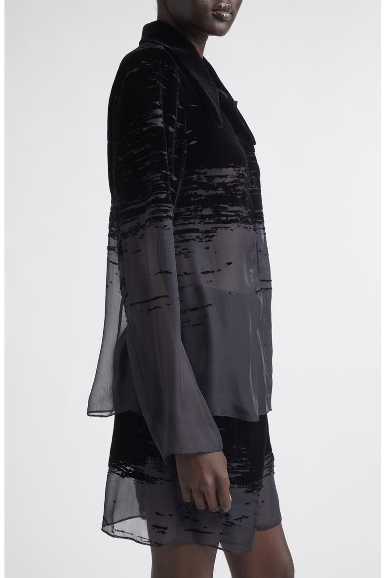 Glitch Devoré Velvet & Sheer Chiffon Button-Up Shirt, Alternate, color, BLACK