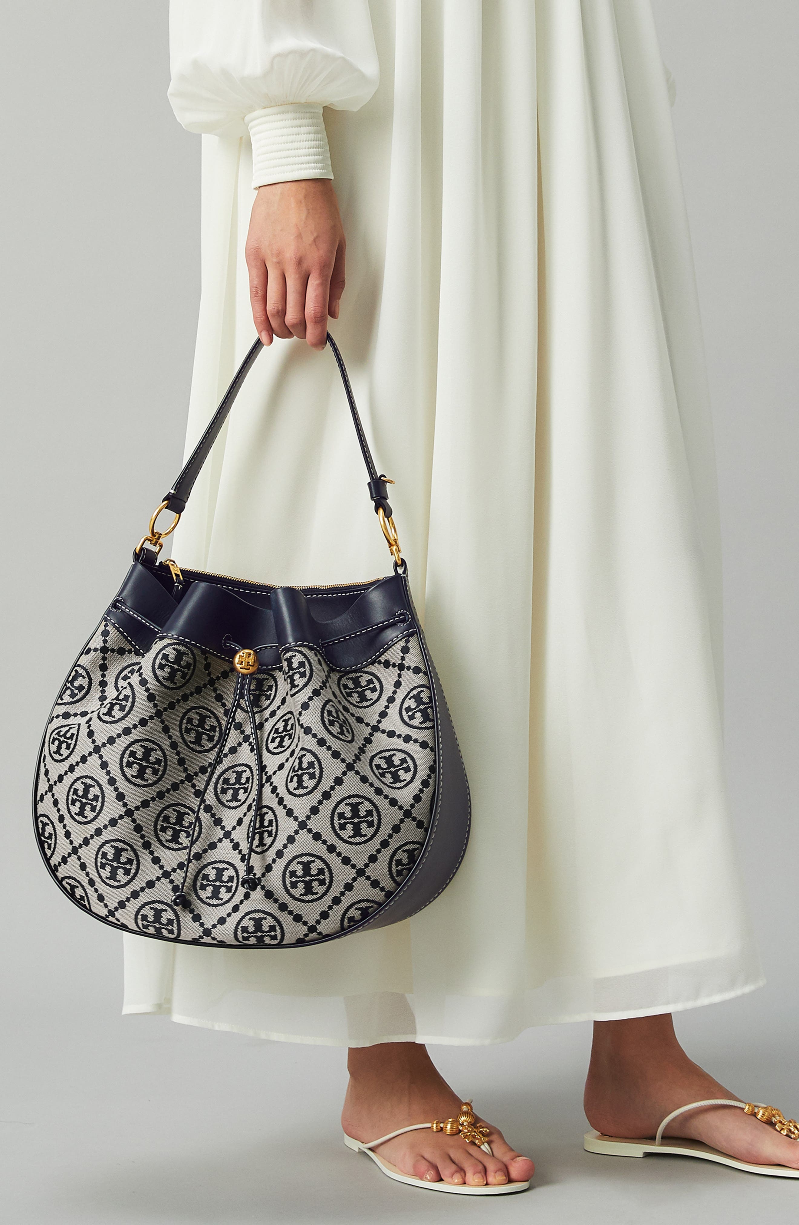 Tory Burch T Monogram Jacquard Drawstring Hobo Bag, Alternate, color, 