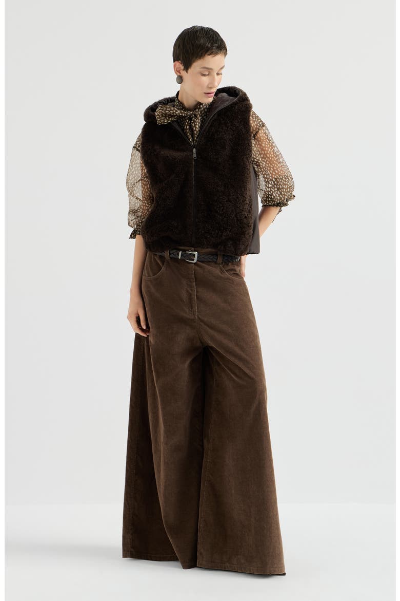 Cashmere shearling reversible hooded vest with precious trim, Alternate, color, Brown