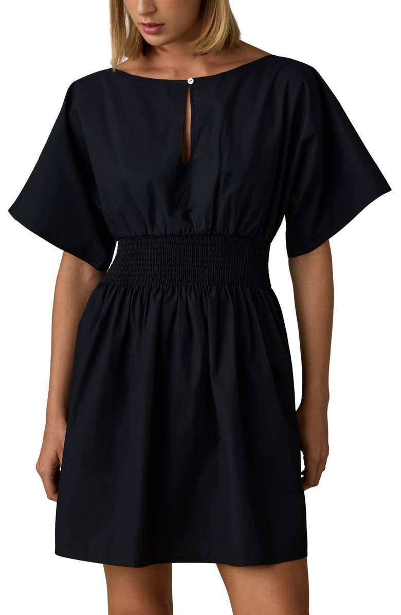 Faherty Elia Coastal Smocked Waist Organic Cotton Poplin Minidress, Alternate, color, Black