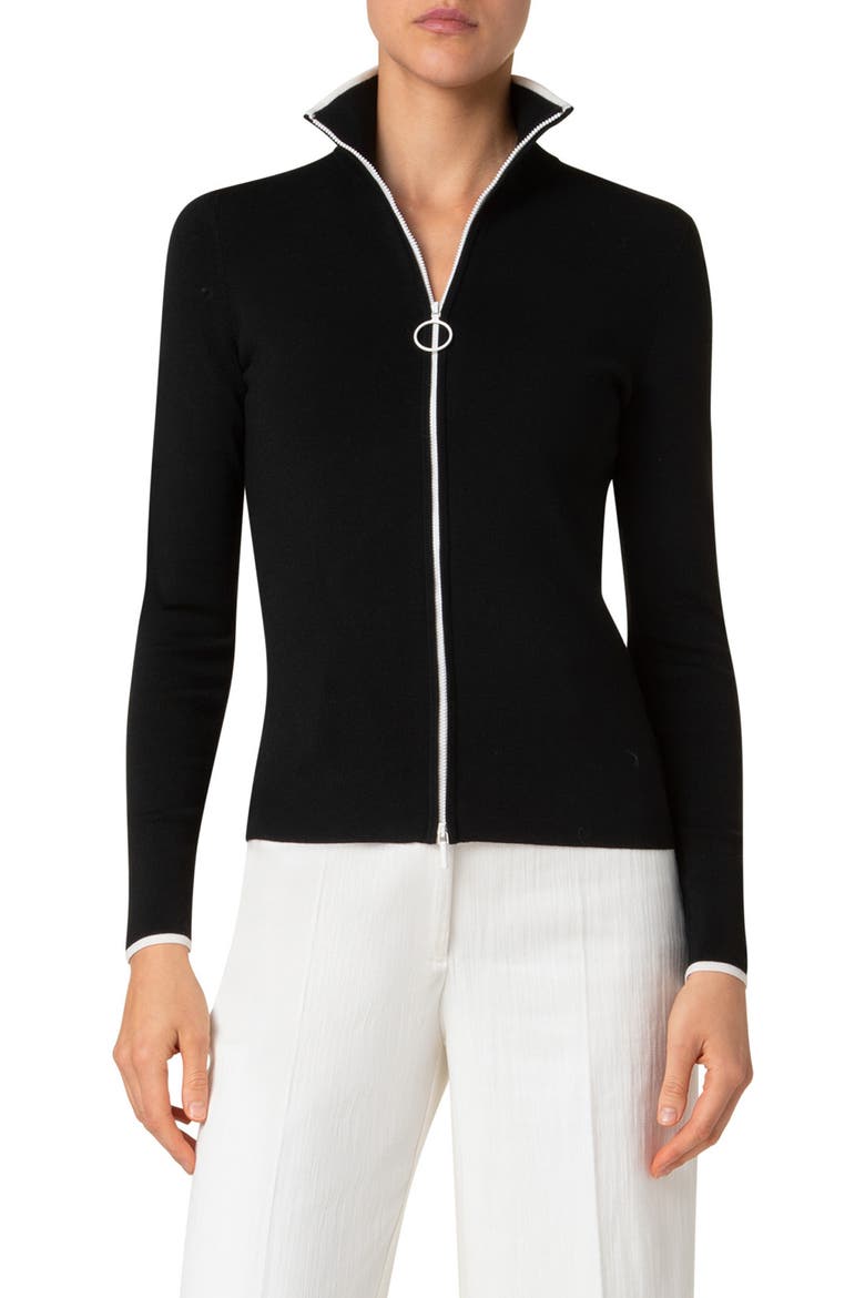 Stretch Virgin Wool Zip Cardigan, Main, color, BLACK-CREAM