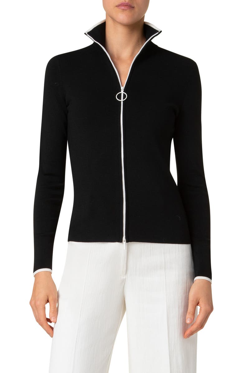 Akris punto Contrast Trim Virgin Merino Wool Zip Front Cardigan, Main, color,