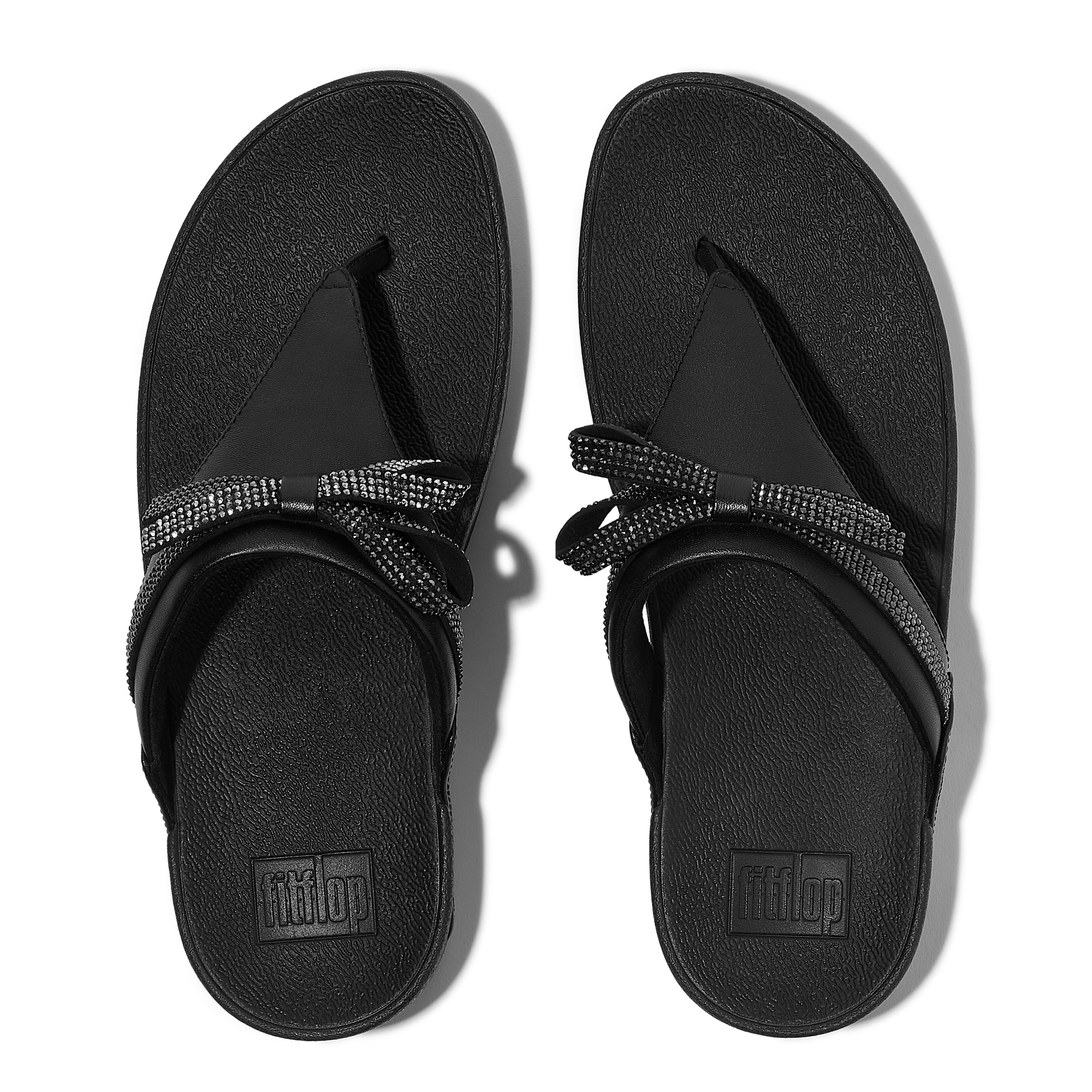 FitFlop Lulu Glitz Bow Leather Toe Post Sandals, Alternate, color, All Black