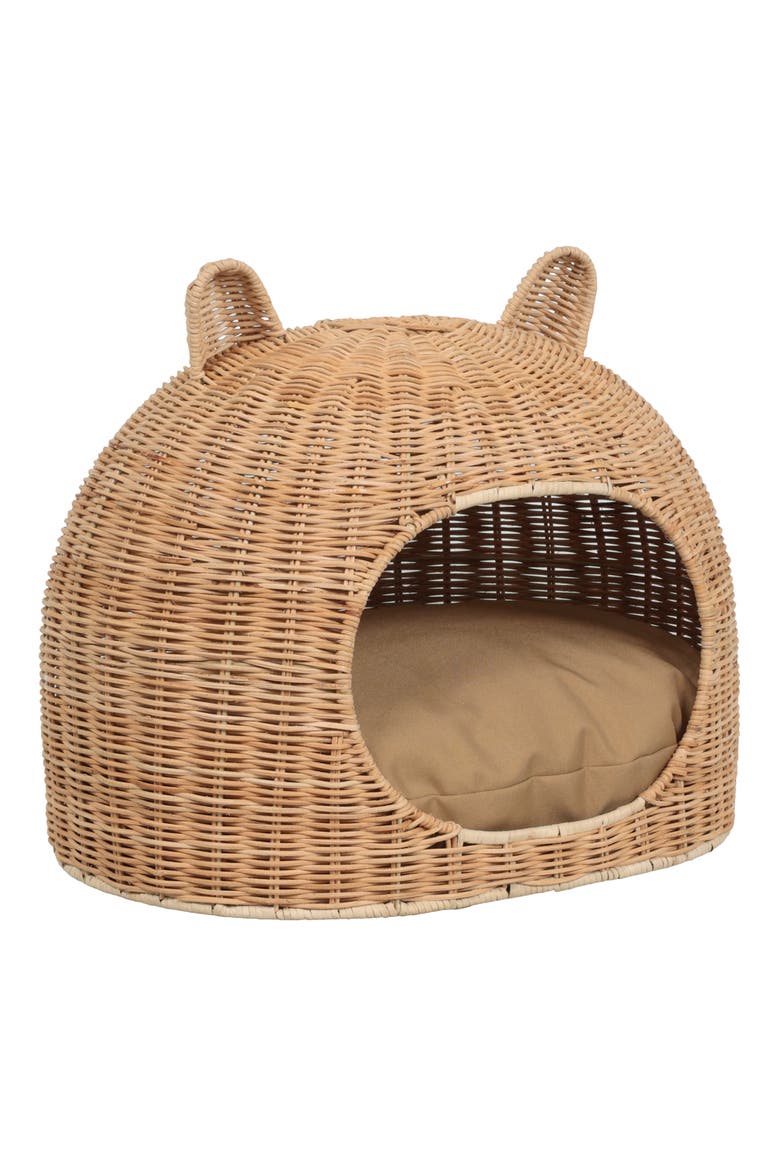 Cat Ear Water Hyacinth Pet Bed with Machine-Washable Cushion, Main, color, Light Brown