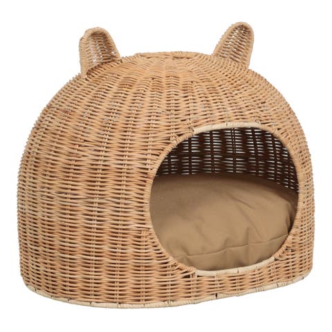 Cat Ear Water Hyacinth Pet Bed with Machine-Washable Cushion