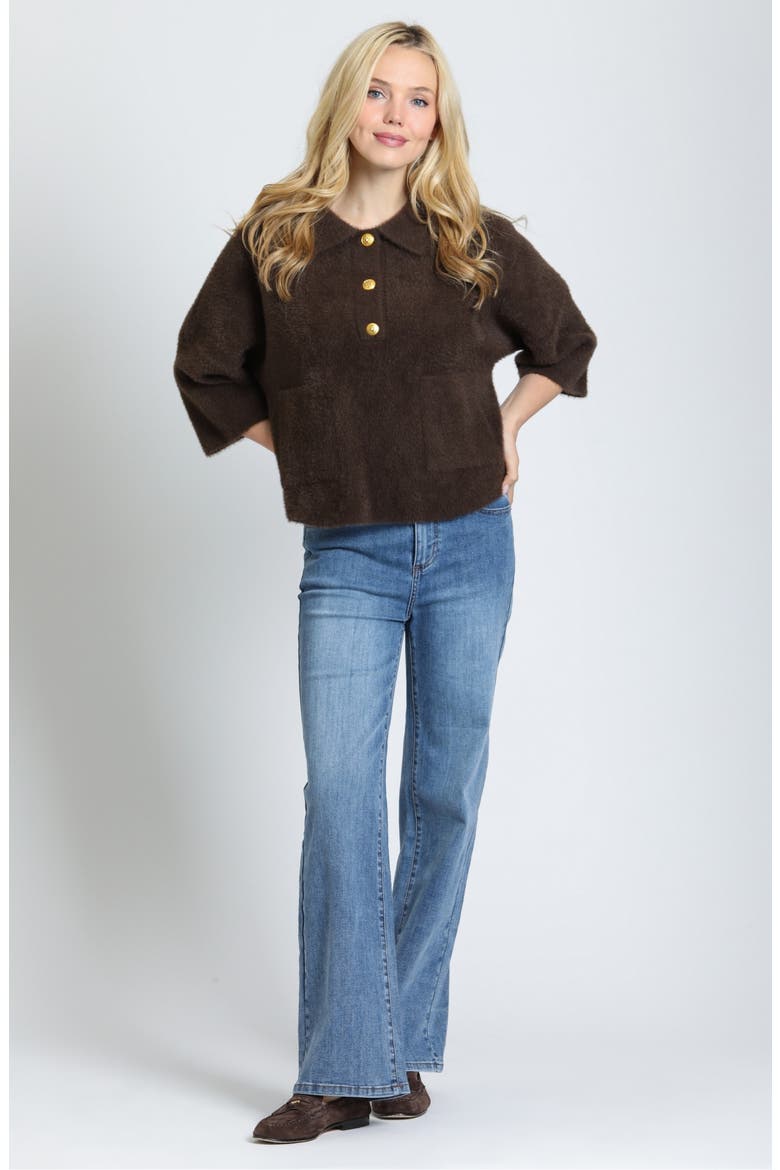 Fuzzy Polo Sweater, Alternate, color, CHOCOLATE BROWN