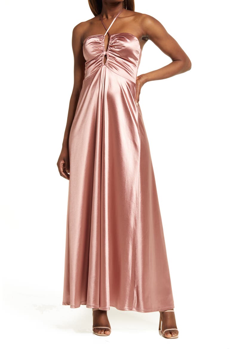 Halter Neck Keyhole Satin Gown, Main, color, DUSTY ROSE
