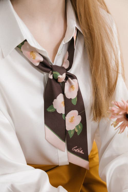 Lost Pattern Nyc "camellia" Silk Twill Skinny Scarf In Brown