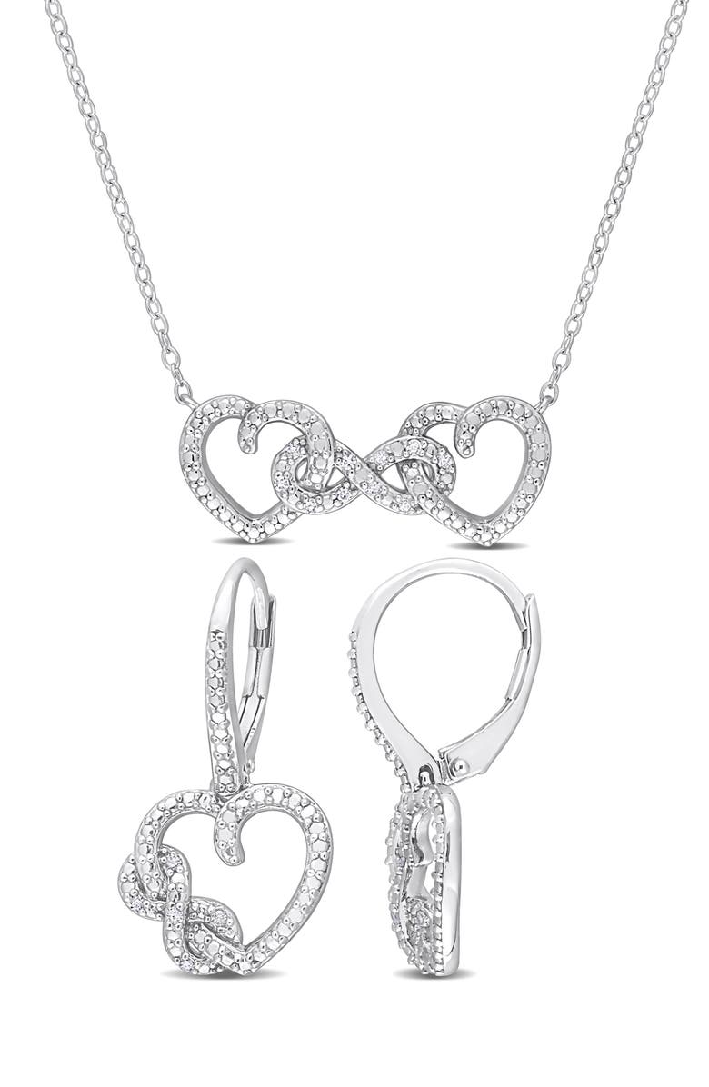 DELMAR Diamond Infinity Heart Pendant Necklace & Drop Earrings Set - 0.1ct., Main, color, Silver