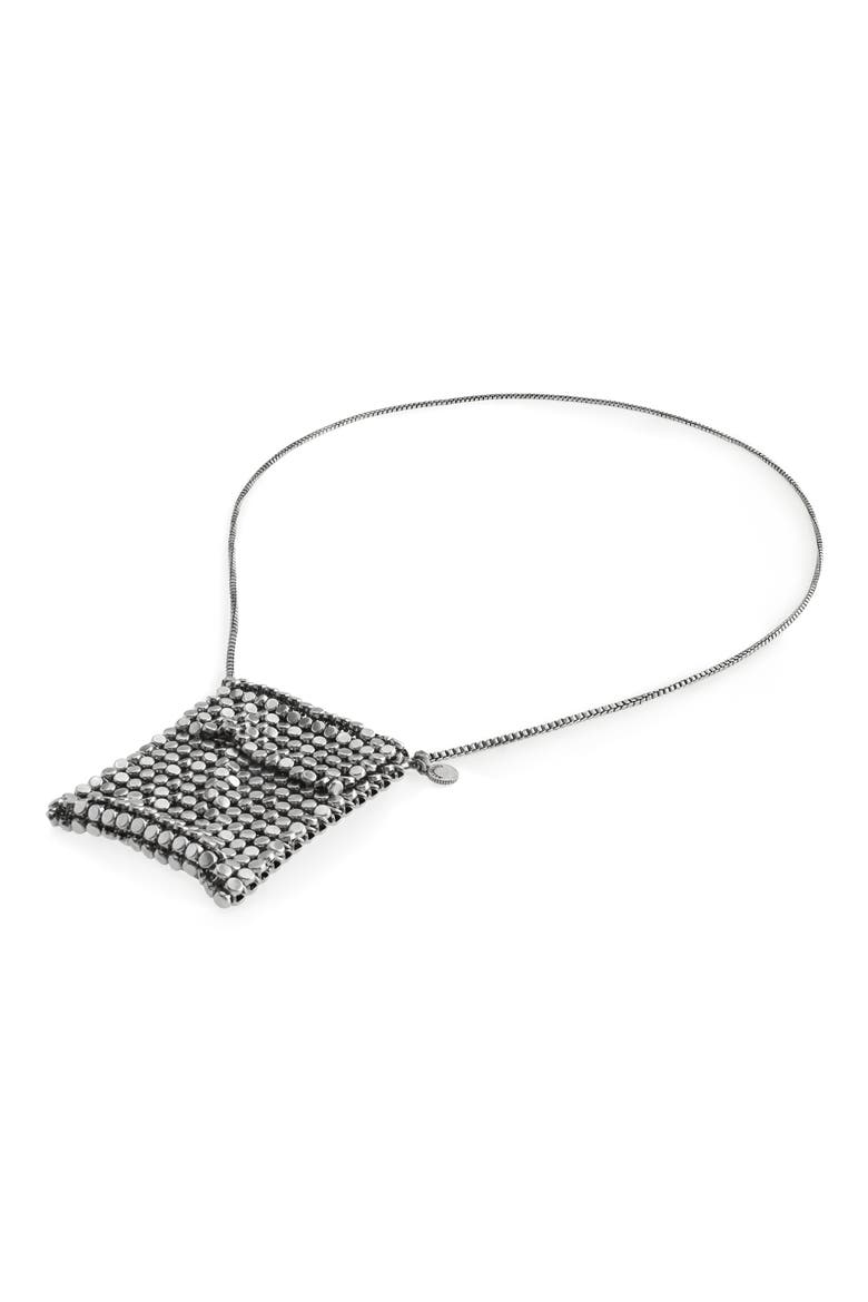 Chainmail Bag Long Pendant Necklace, Alternate, color, WARM SILVER