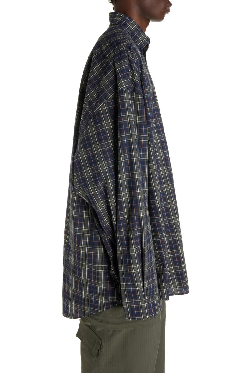Balenciaga Check Oversize Cotton Flannel Button-Down Shirt, Alternate, color, Navy/ Khaki