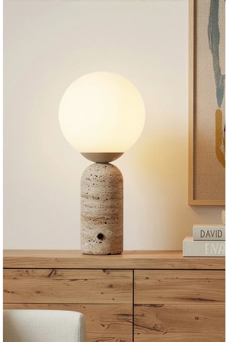 Mila Tall 16" LED Travertine Stone Bedside Table Lamp with Frosted Glass Globe and Built-In 3-Way Dimmer, Alternate, color, Travertine