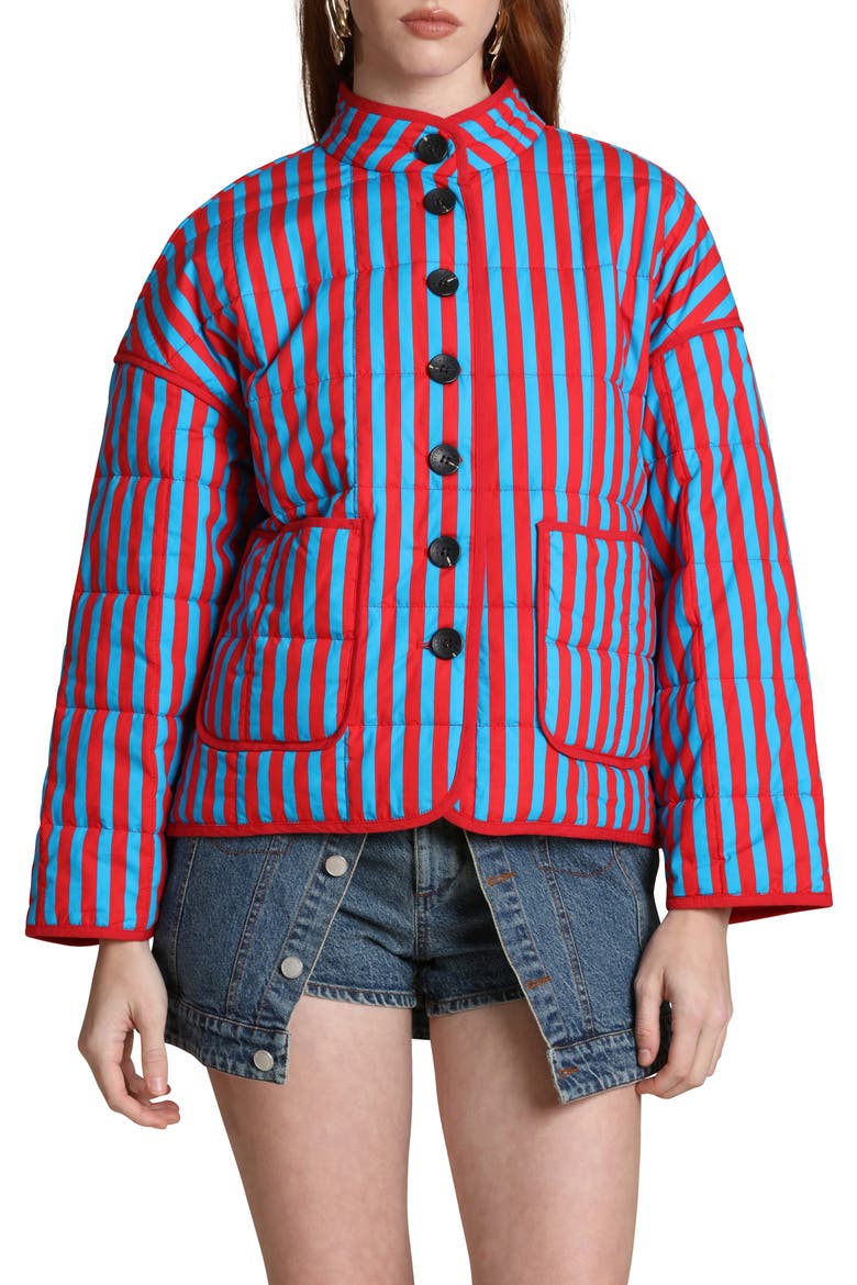 Stripe Boxy Quilted Cotton Blend Jacket, Alternate, color, SAILOR BLUE-TOMATO S