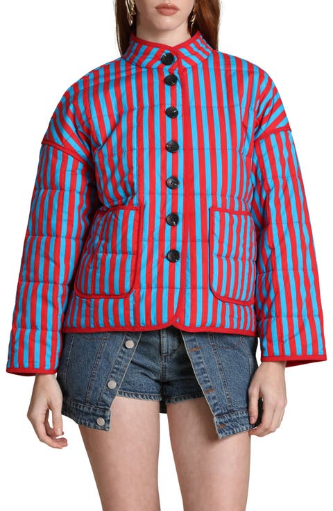 Stripe Boxy Quilted Cotton Blend Jacket