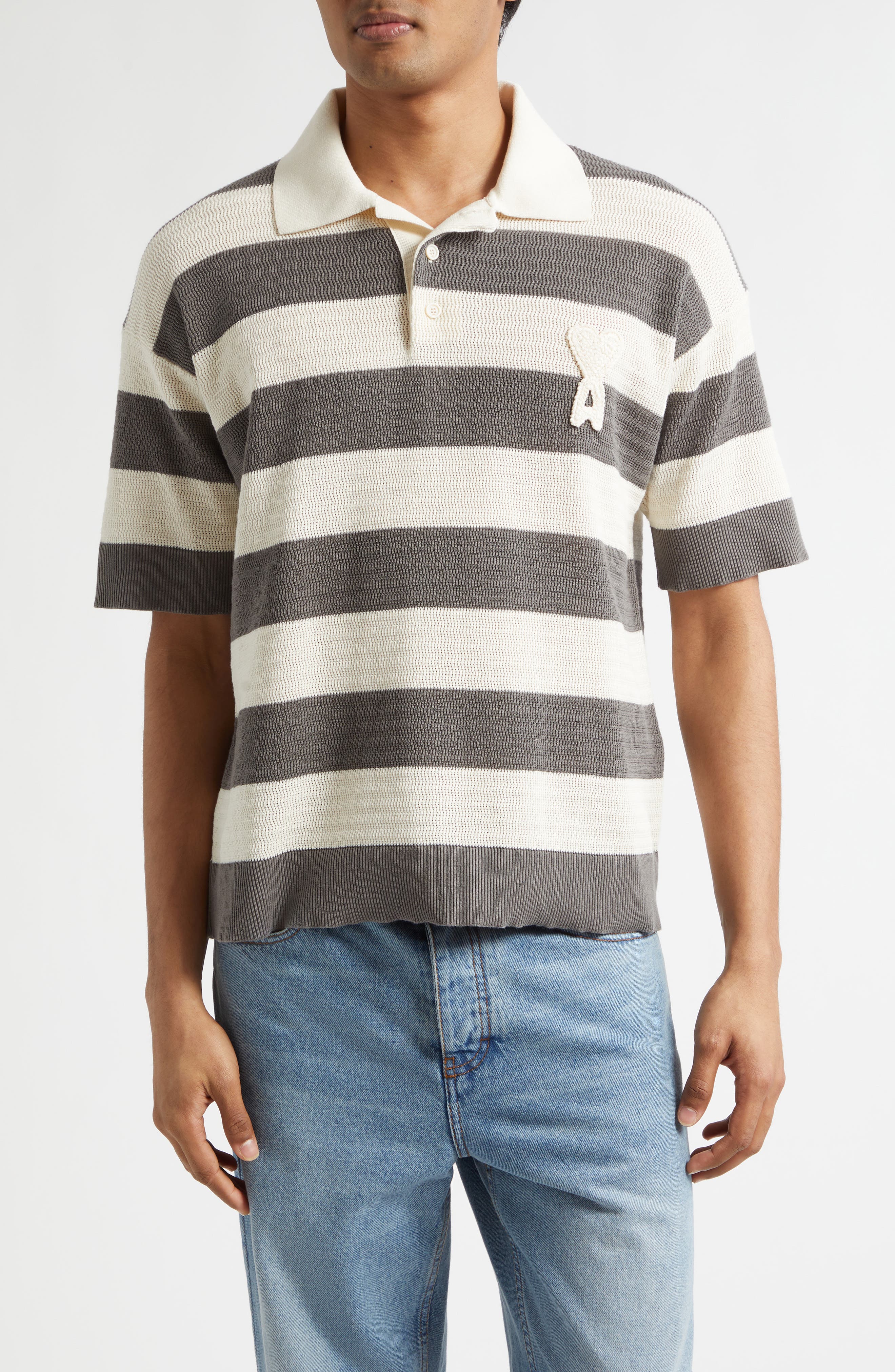 Ami de Coeur Monogram Stripe Openwork Cotton Polo